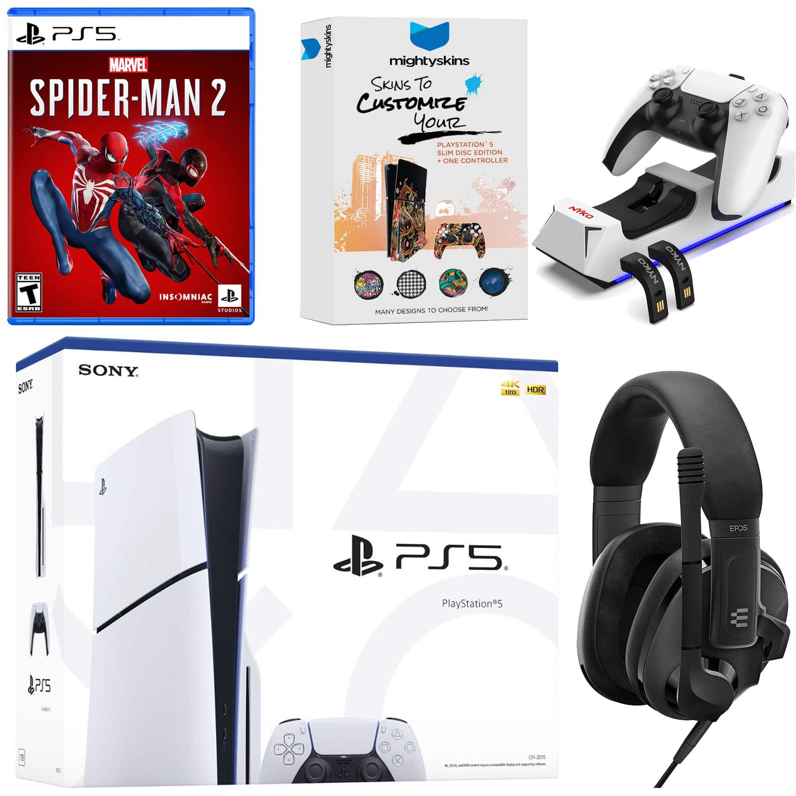 PlayStation 5 Slim Disc Bundle with Spider-Man 2, EPOS Headset, Charging Dock and MightySkins Code – PlayStation 5 PlayStation 5 Slim Disc Bundle with Spider-Man 2, EPOS Headset, Charging Dock and MightySkins Code – PlayStation 5