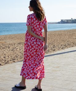 Women’s Red Leaf Print Jersey Maxi Dress with Pockets