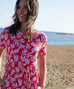 Women’s Red Leaf Print Jersey Maxi Dress with Pockets