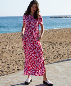 Women’s Red Leaf Print Jersey Maxi Dress with Pockets