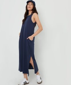 Women’s Navy Sleeveless Jersey Midi Dress with Pockets