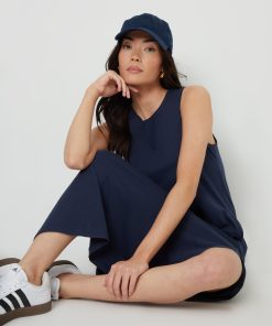 Women’s Navy Sleeveless Jersey Midi Dress with Pockets
