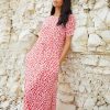 Women’s Red Floral Ruched Waist Jersey Midi Dress with Pockets
