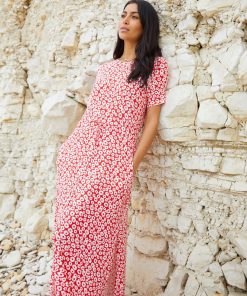 Women’s Red Floral Ruched Waist Jersey Midi Dress with Pockets
