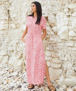 Women’s Red Floral Ruched Waist Jersey Midi Dress with Pockets
