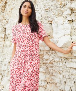 Women’s Red Floral Ruched Waist Jersey Midi Dress with Pockets