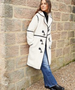 Women’s Ecru Longline Fleece Borg Toggle Coat